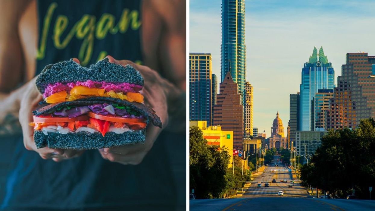 A person holding a vegetable sandwich or burger. Right: Austin, TX.