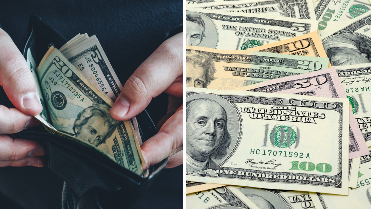 A person holding a wallet with American money. Right: American paper currency.