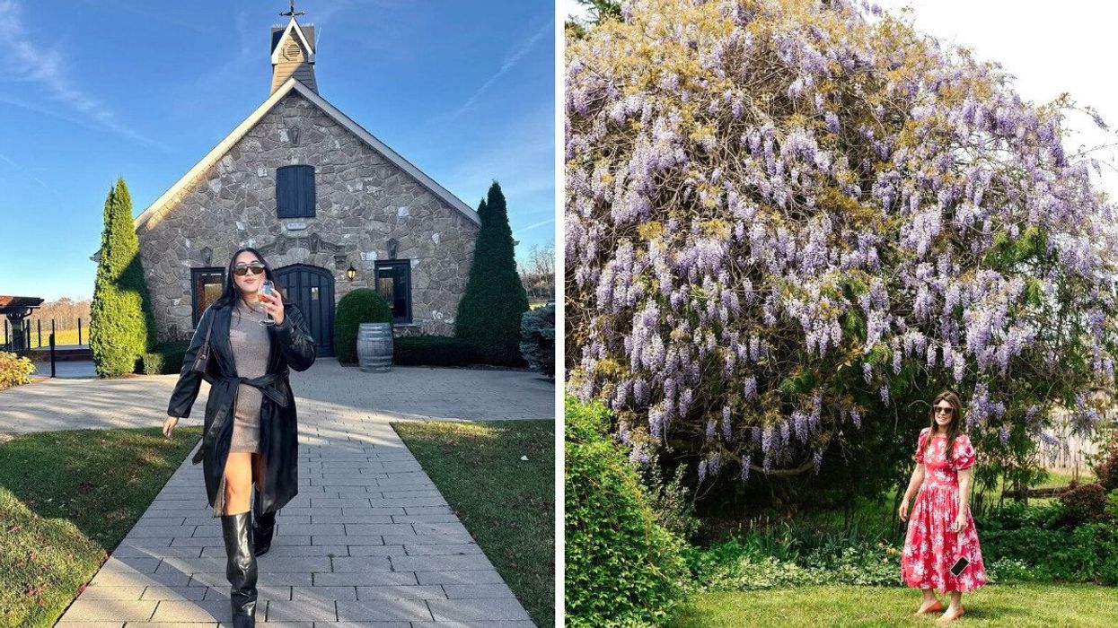 A person holding a wine glass. Right: A person standing by a flowering tree.