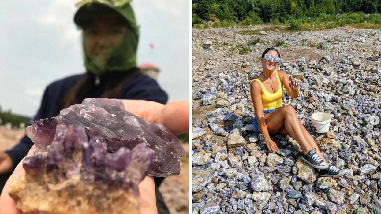 A person holding amethyst. Right: A person sitting on purple rocks.