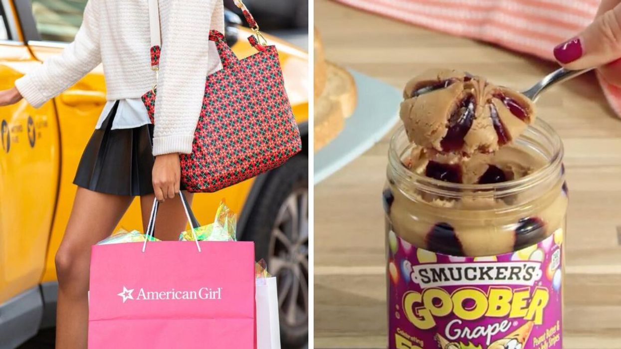 A person holding an American Girl bag. Right: Smucker's Goober PB&J.