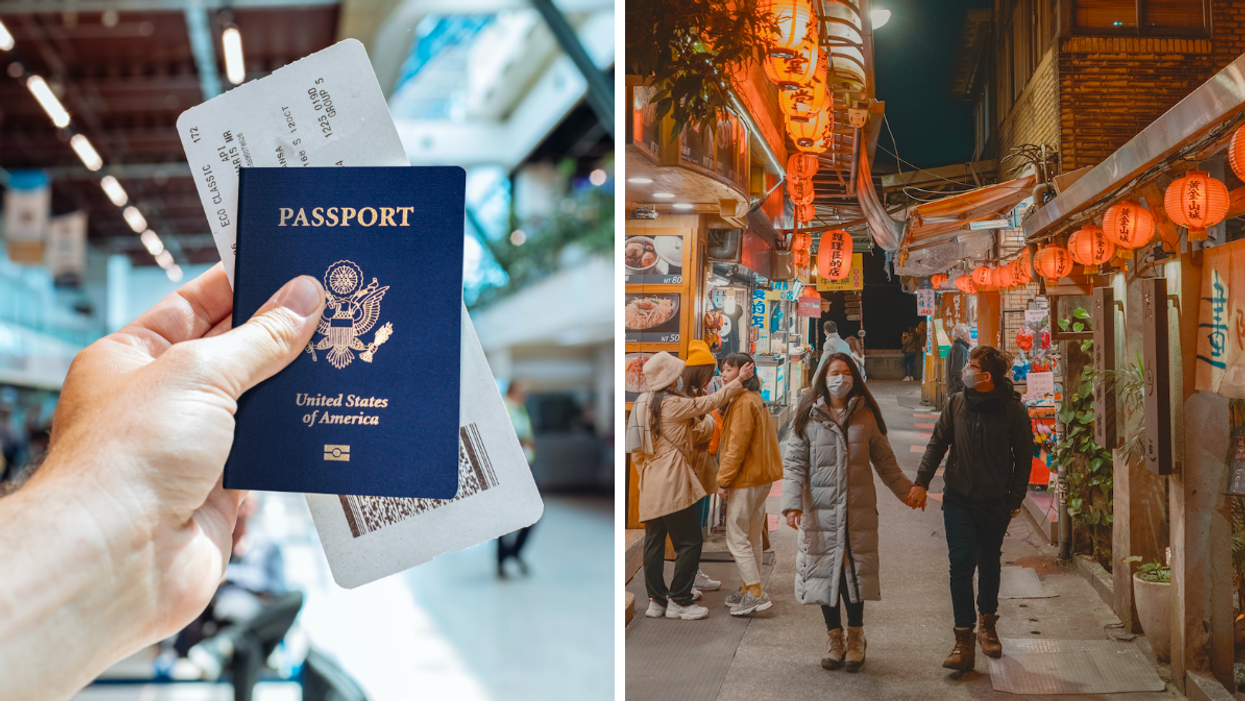 A person holding an American passport. Right: People on a street in Taiwan.