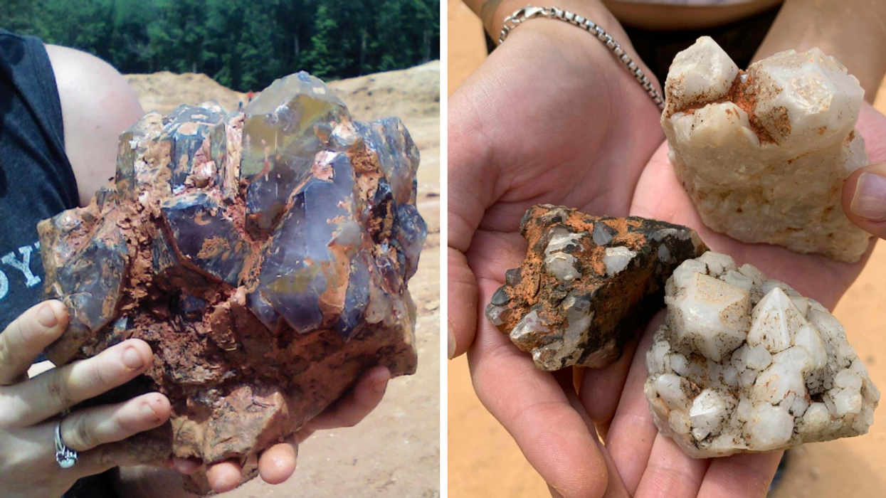 A person holding an amethyst crystal found at Diamond Hill. Right: A person holding crystals they found at the mine.