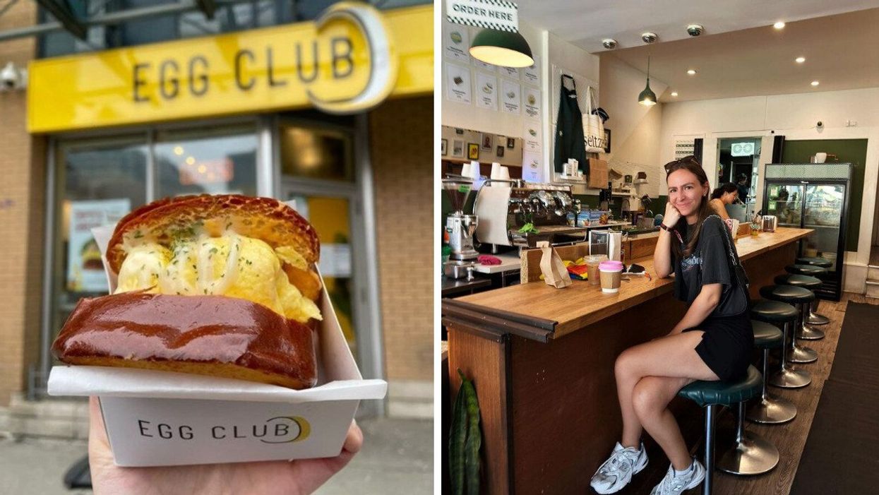 A person holding an egg sandwich from Egg Club in Toronto. Right: A girl wearing a skirt and T-shirt sitting on a stool in a Toronto diner.