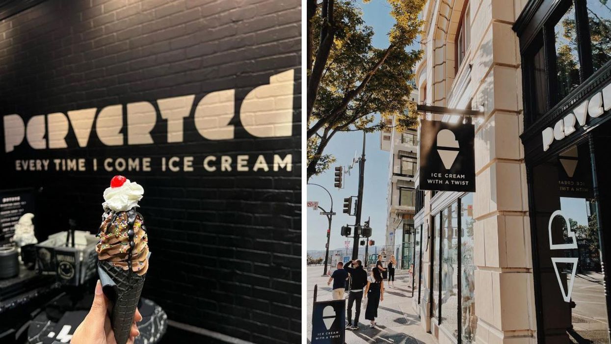 A person holding an ice cream cone, right, Perverted Ice Cream shop sign