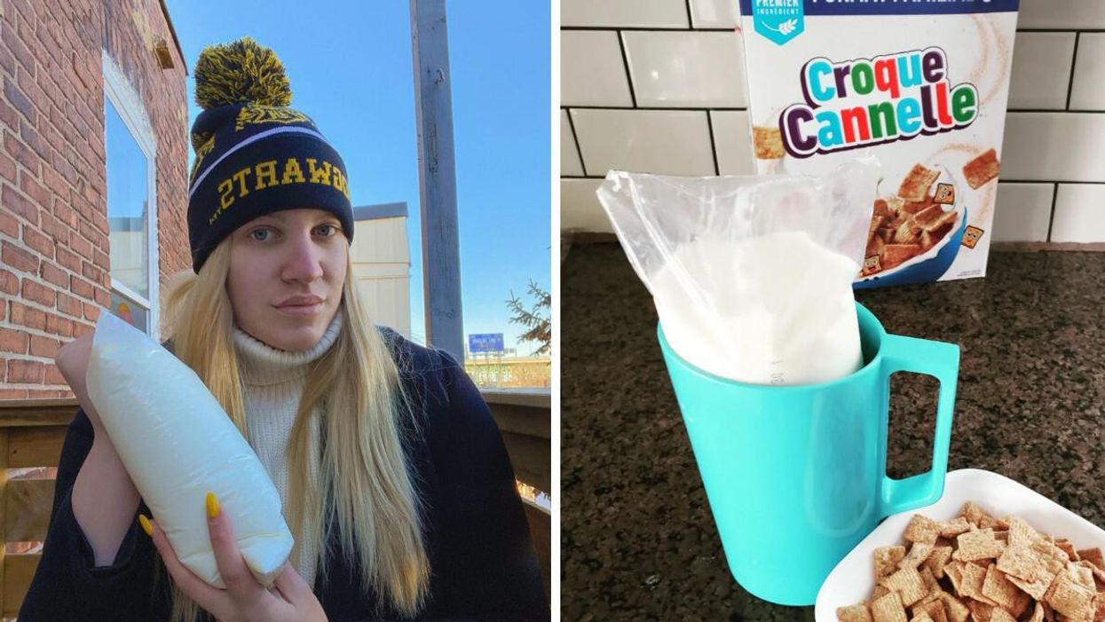 A person holding bagged milk. Right: Bagged milk and cereal.