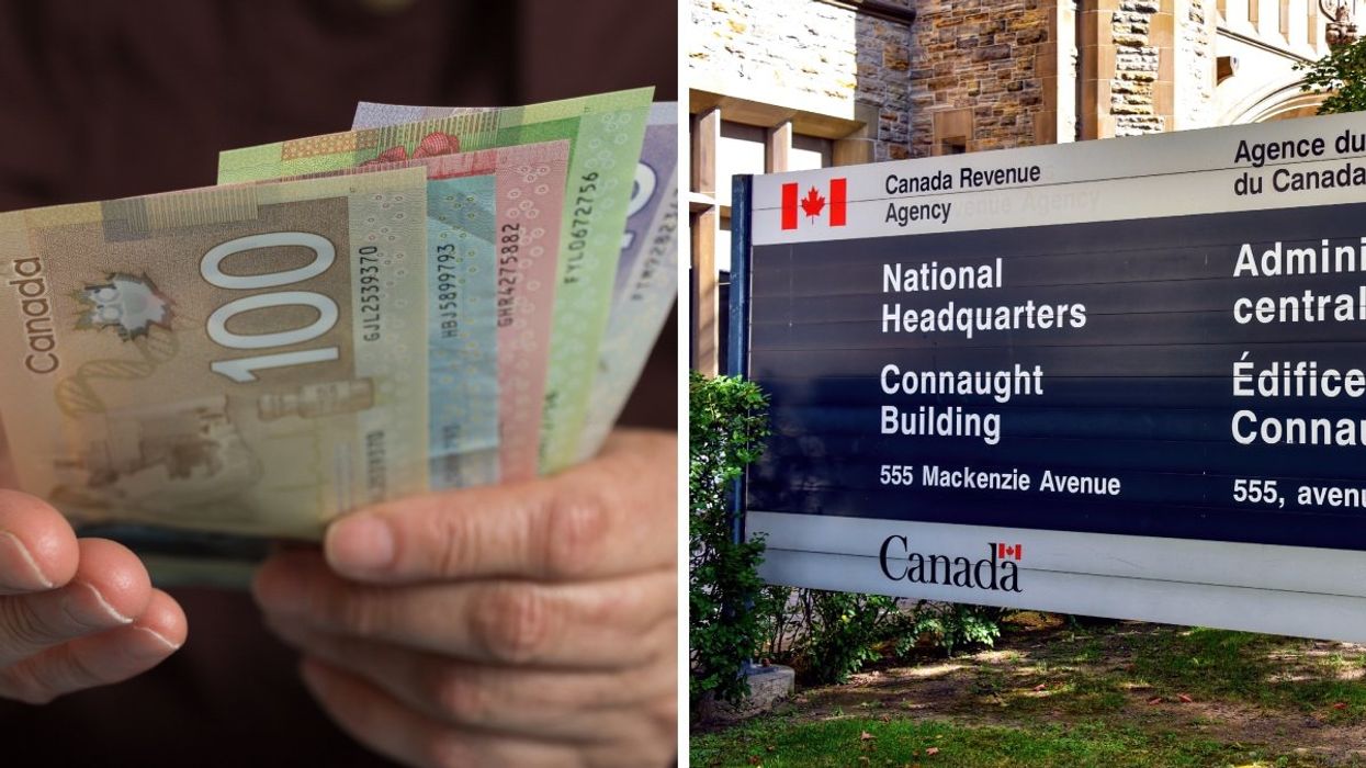 A person holding Canadian banknotes including a $100, $50, $20, $10 and $5 bill. Right: The CRA headquarter sign in Ottawa, Ontario.