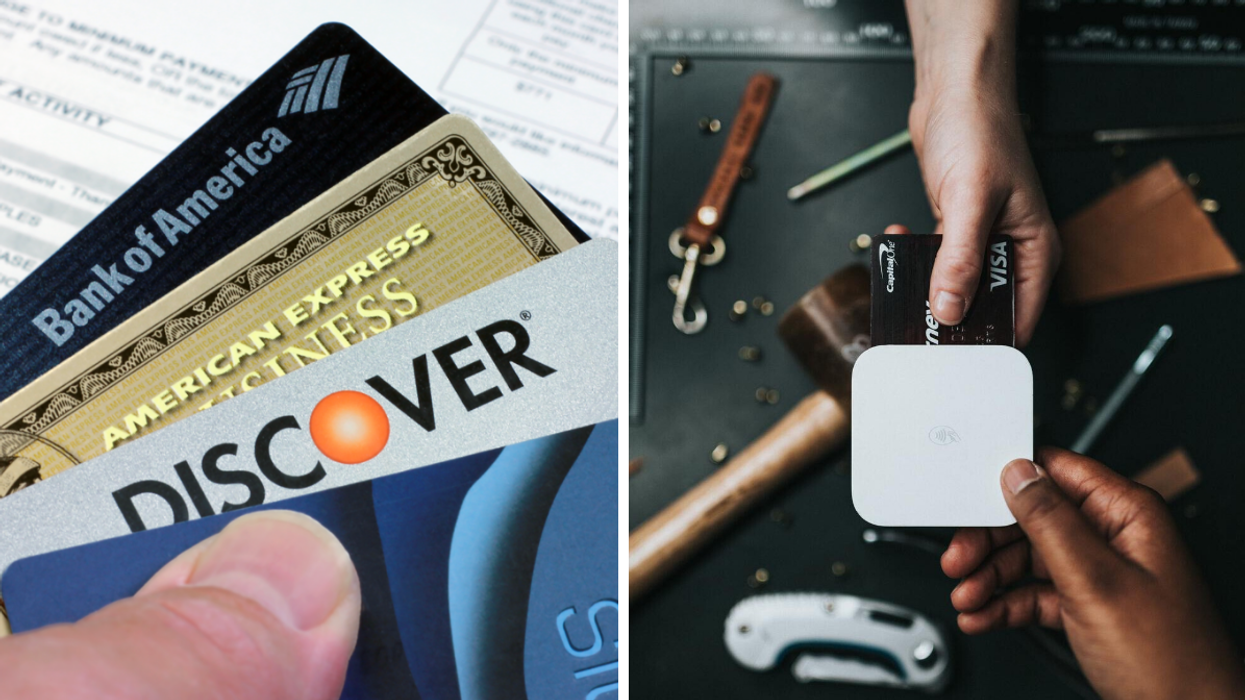 A person holding different credit cards. Right: A person paying with a credit card.