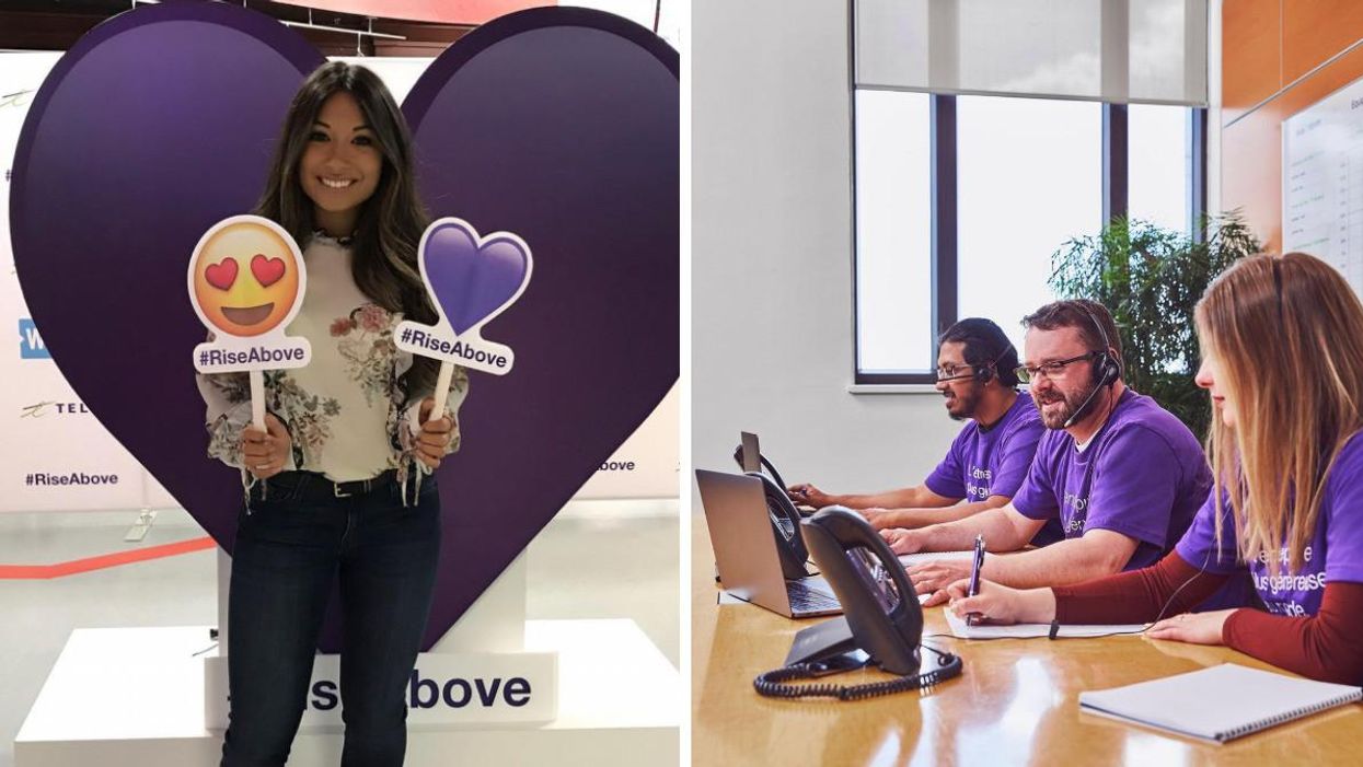 A person holding emoji signs at a Telus stand, right, Telus employees working at phones.