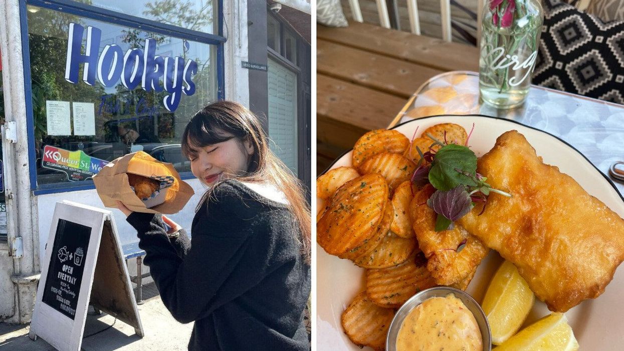 A person holding fish and chips in Toronto. Right: Fish and chips from Mira Mira Diner.