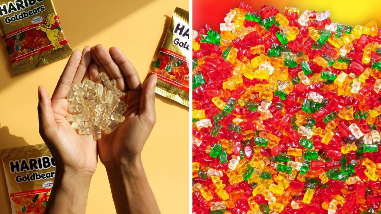 A person holding Haribo gummy bears. Right: A pile of Haribo gummy bears.