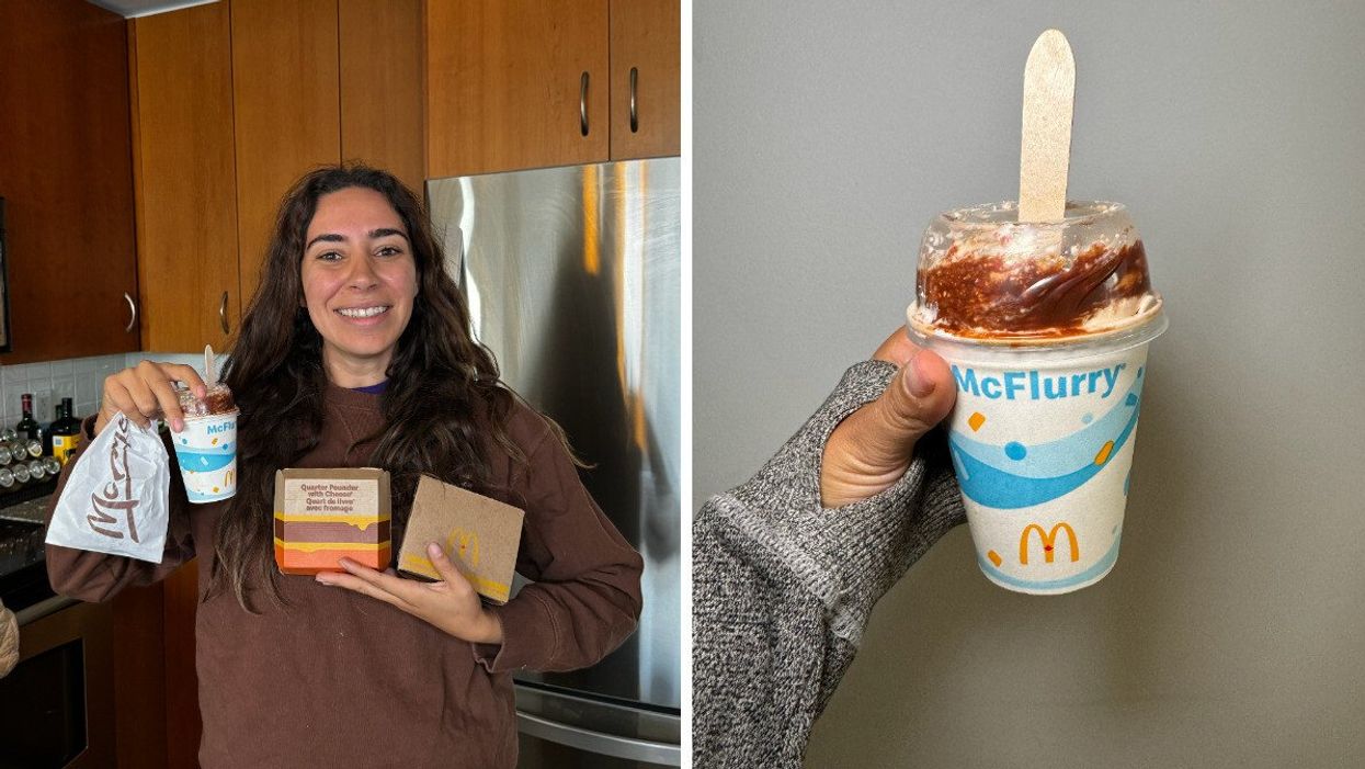 A person holding McDonald's newest menu items. Right: A McDonald's Candy Cane Fudge McFlurry