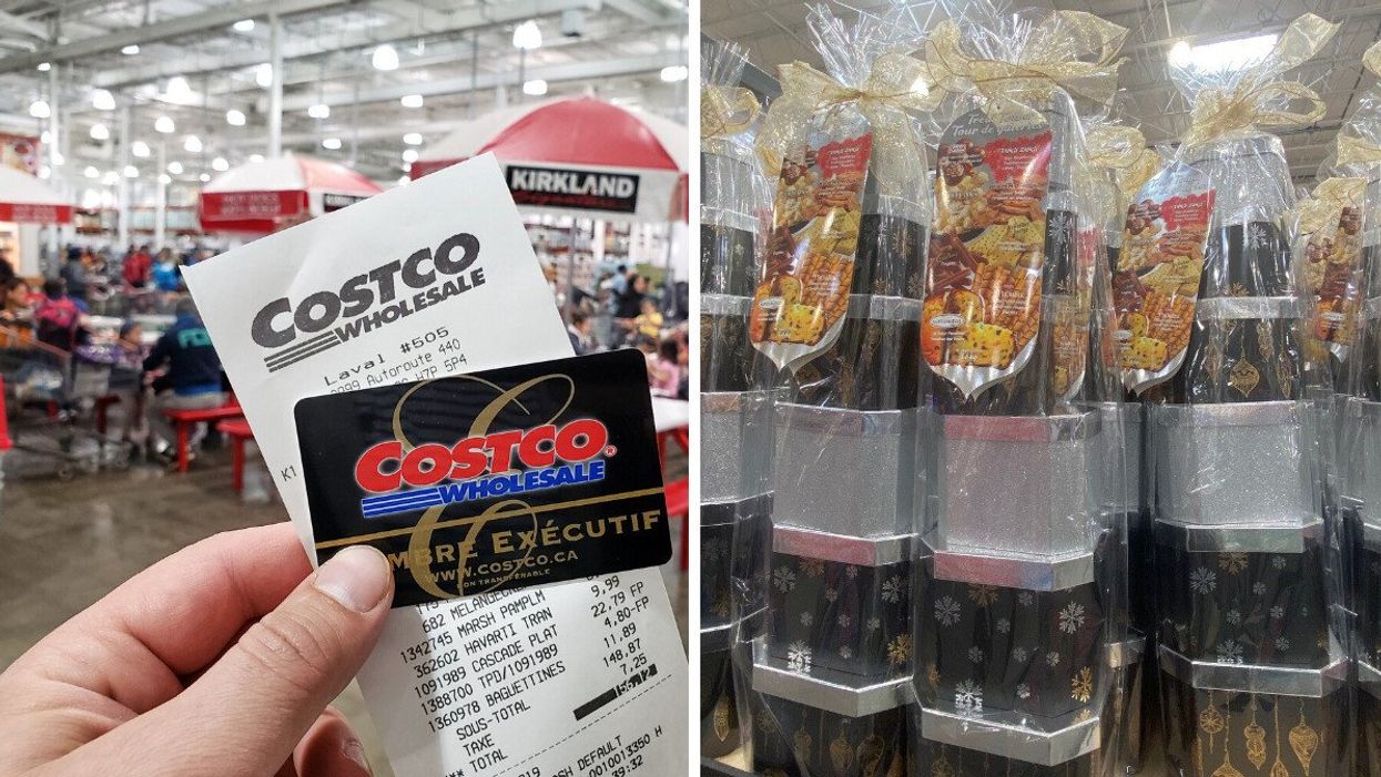 A person holding their Costco membership card and receipt. Right: Gift baskets at Costco.
