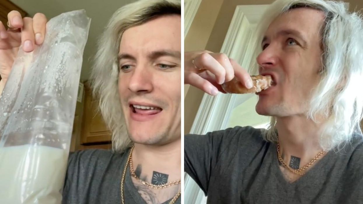 A person holding up a bag of milk. Right: A person eating a doughnut.