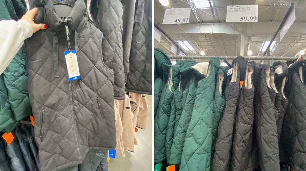 A person holding up a black vest on a hanger at Costco. Right: Green and black vests hanging on a rack at Costco.