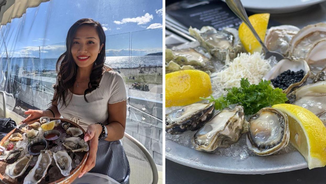 A person holding up a bunch of oysters. Right: Oysters from Harbour Oyster Bar.