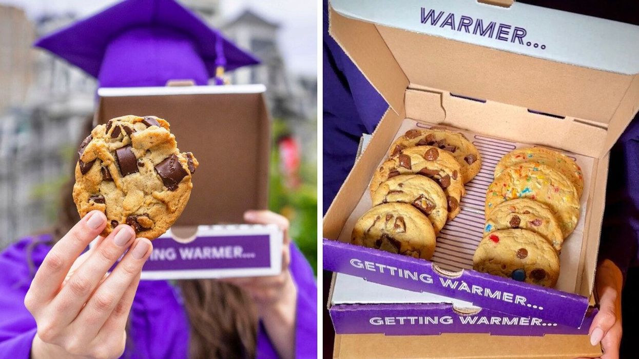 A person holding up a cookie. Right: A box of cookies.