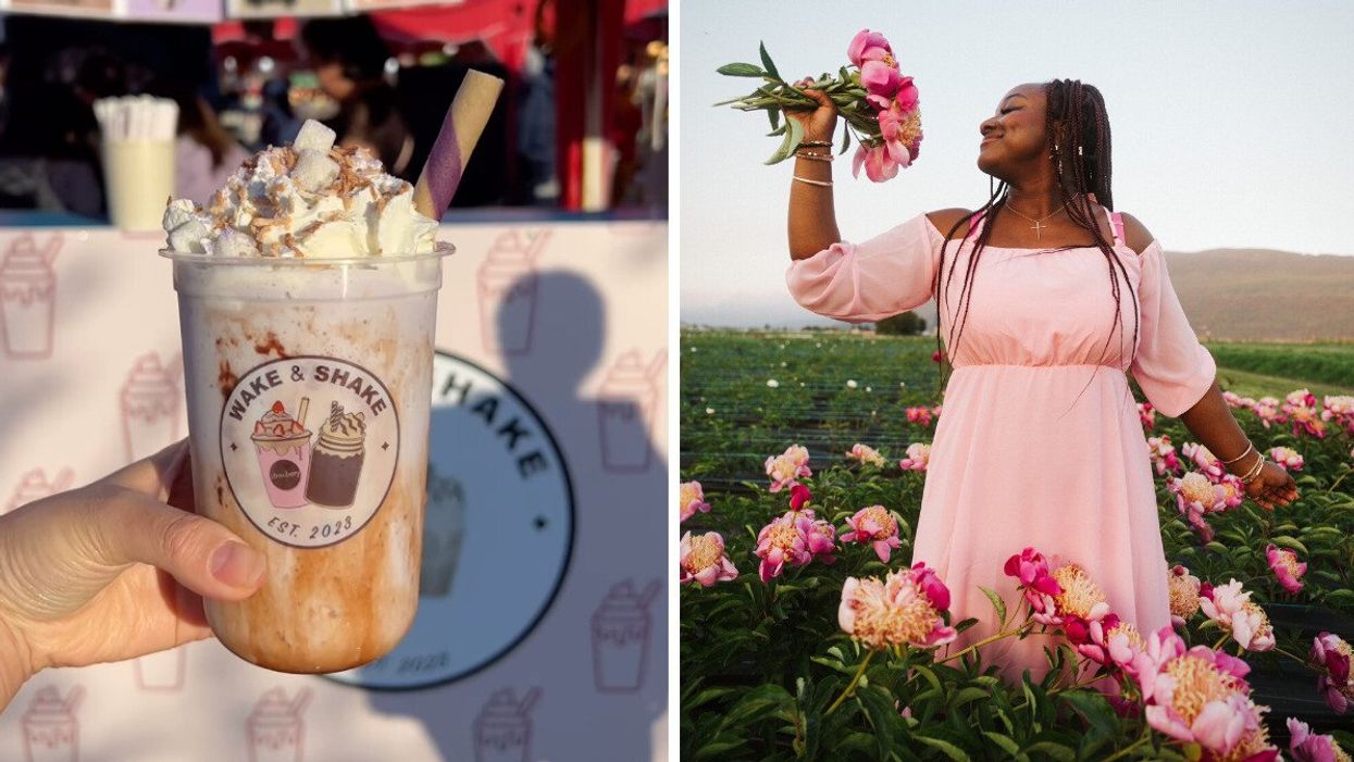 A person holding up a shake in a cup topped with whipped cream and marshmallows. Right: A woman in a pink dress standing in a field of flowers and holding up and smelling a bouquet of pink peonies.
