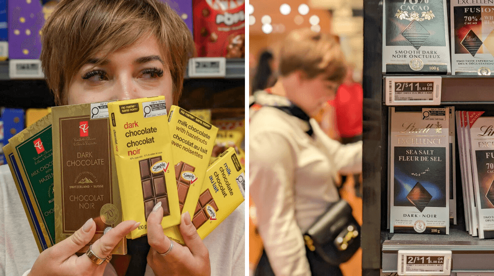 A person holding up chocolate. Right: A person shopping for chocolate in a grocery store aisle.