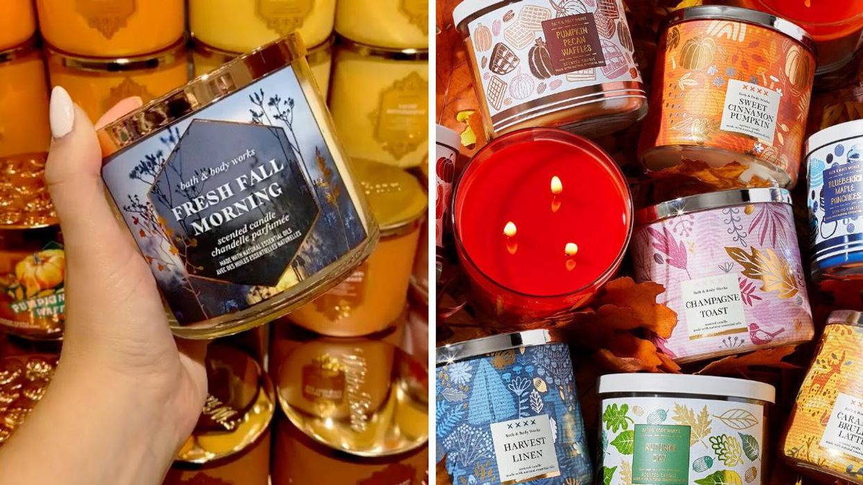 A person holds a Bath & Body Works candle. Right: Bath & Body Works candles.