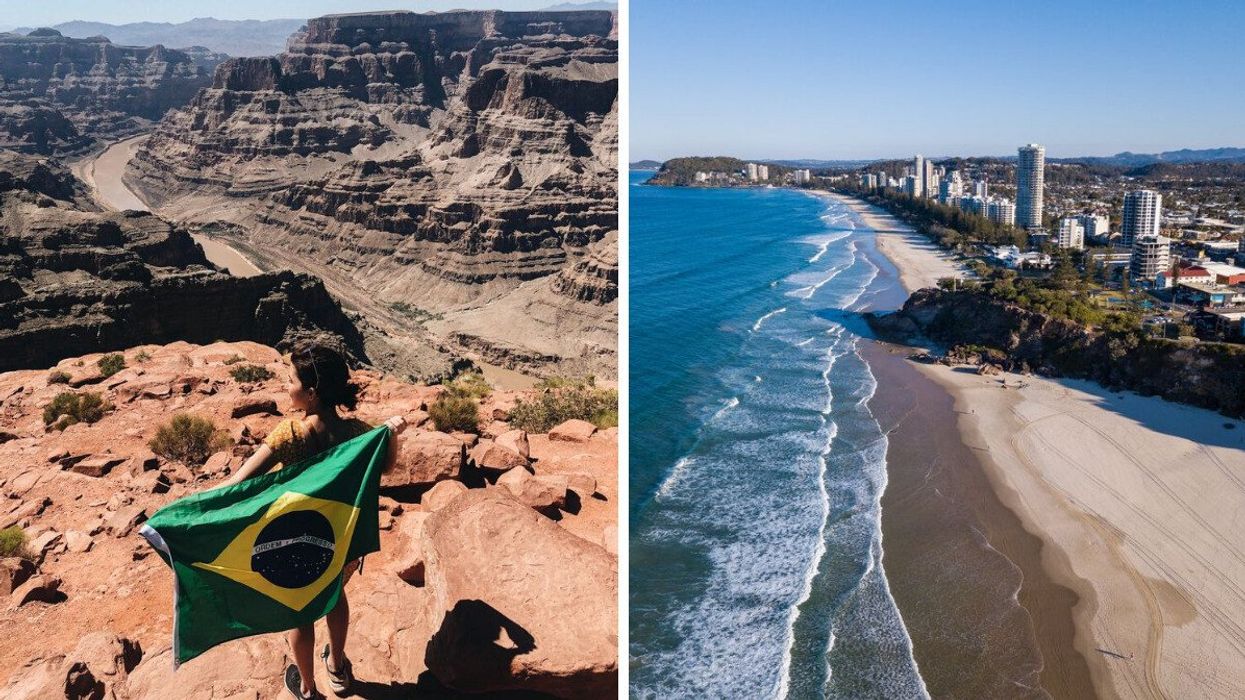 A person holds a Brazil flag. Right: A beach in Australia.