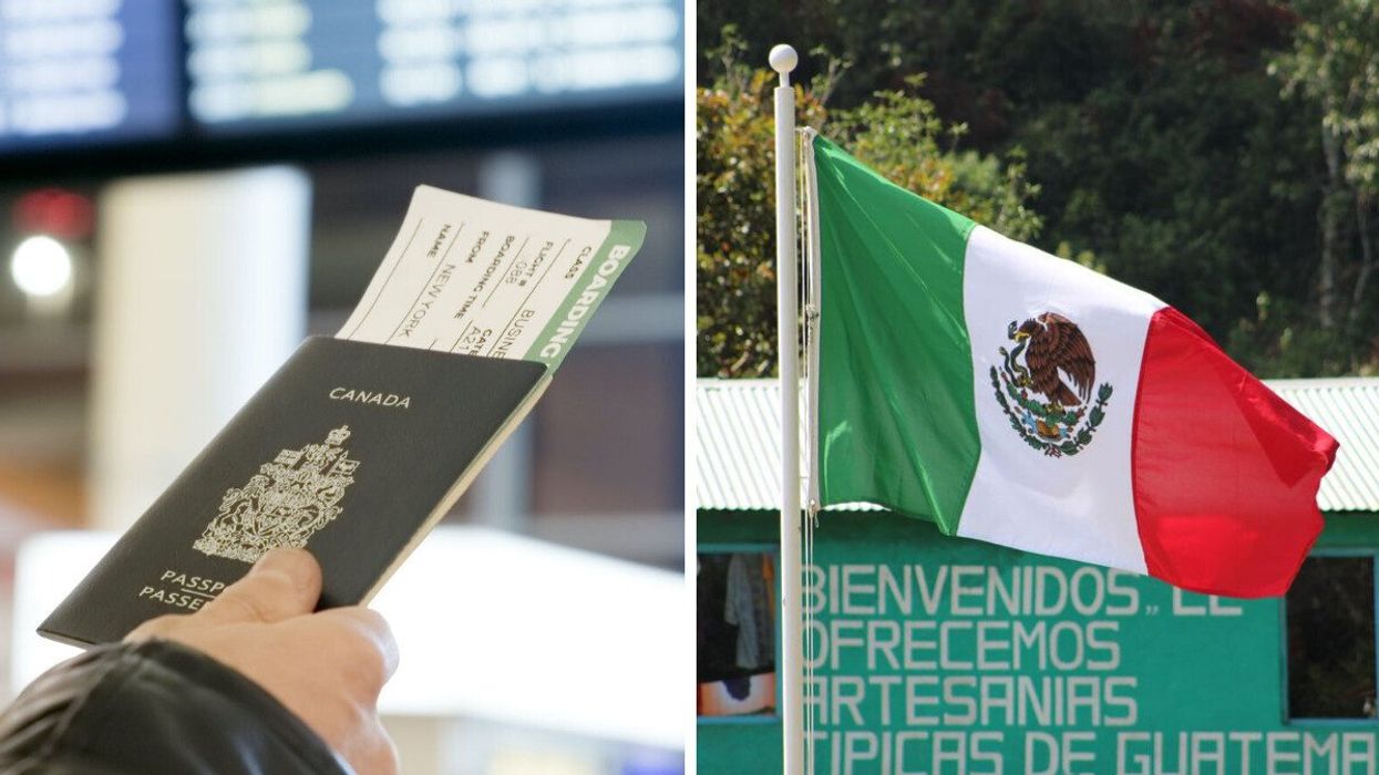 A person holds a Canadian passport and boarding pass at an airport. Right: The Mexican flag is seen in front of a welcome sign.