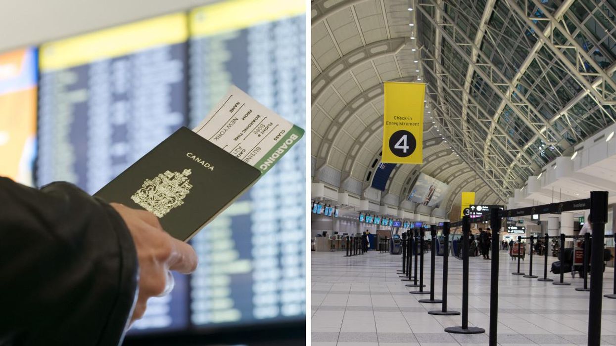 A person holds a Canadian passport at an airport. Right: A terminal at Toronto Pearson International Airport.