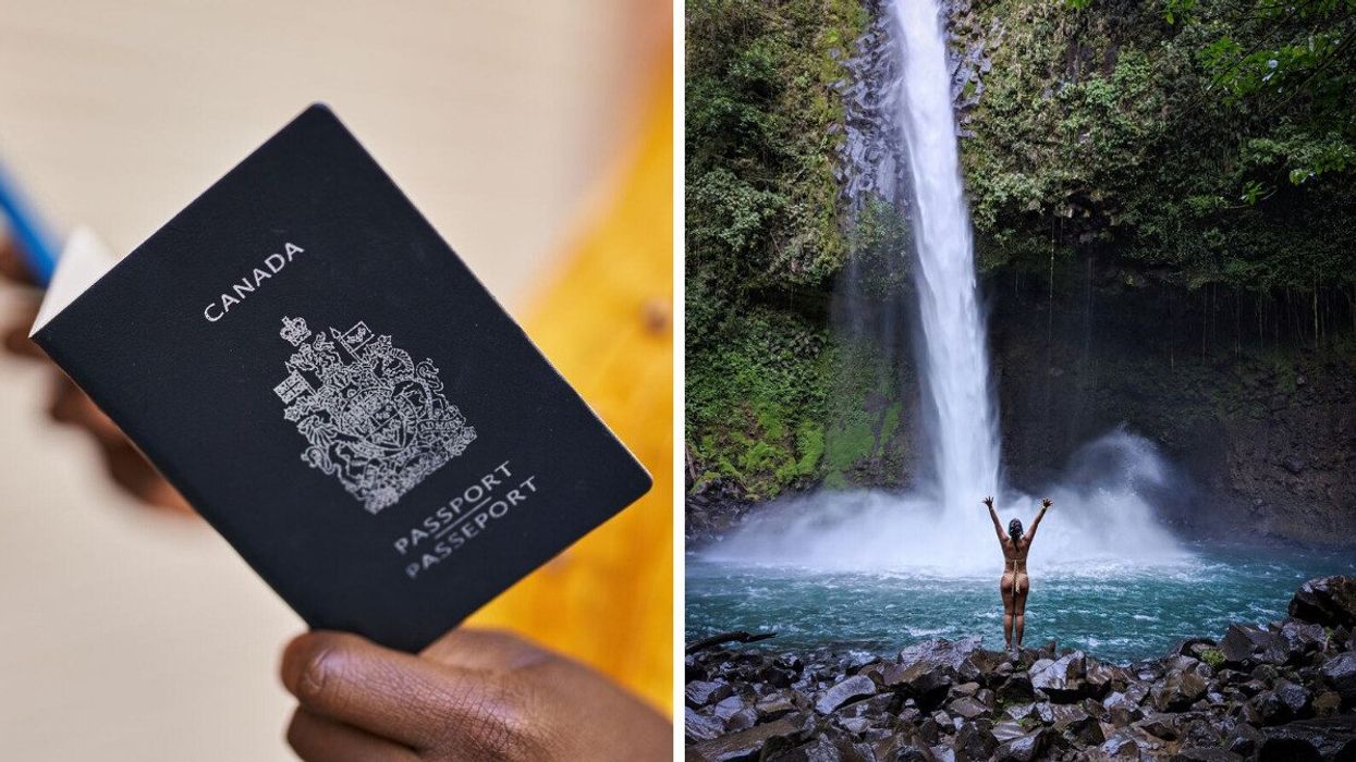 A person holds a Canadian passport. Right: A person stands by a waterfall.