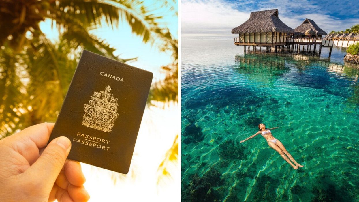 A person holds a Canadian passport. Right: A person swims in Tahiti.