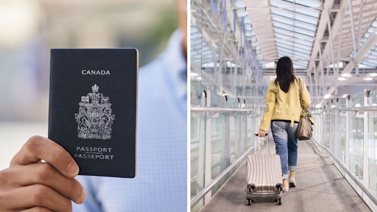 A person holds a Canadian passport. Right: A person travelling with a suitcase.