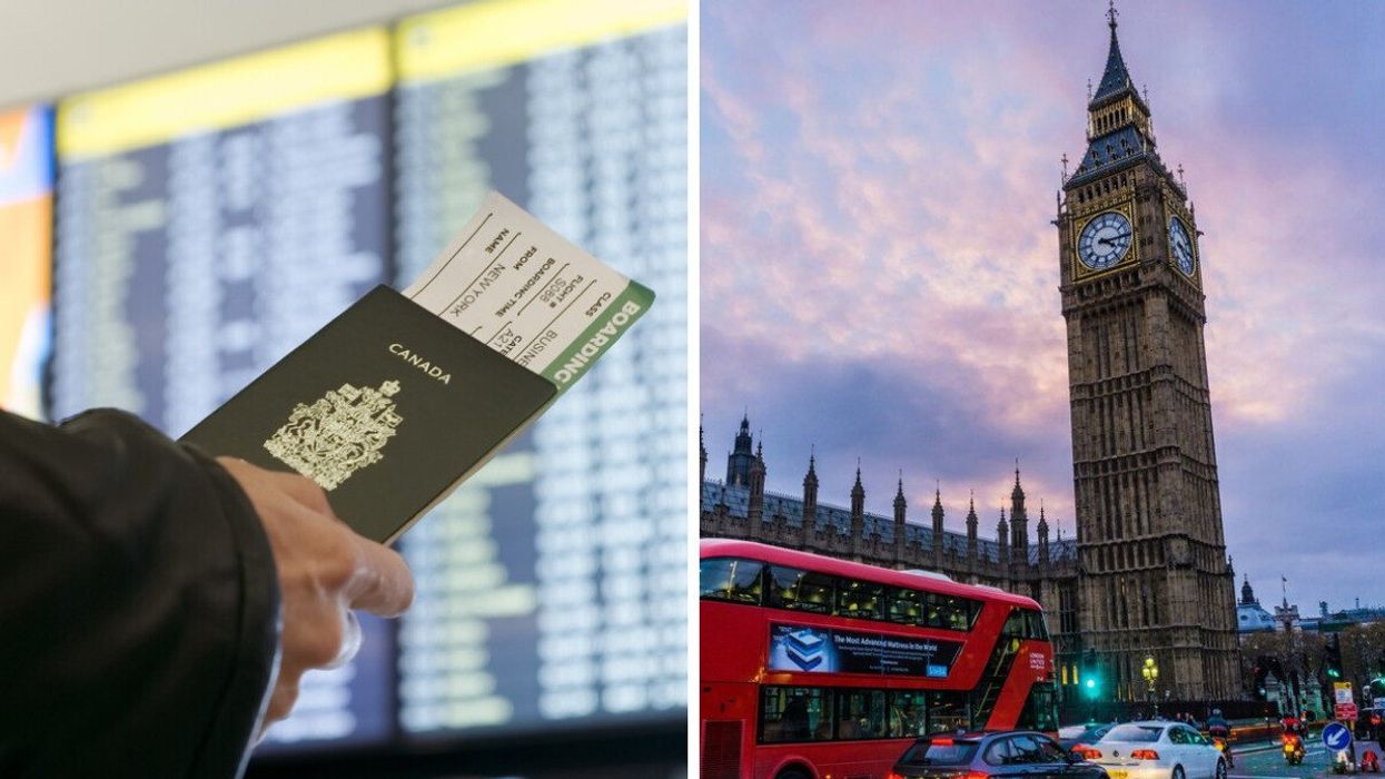 A person holds a Canadian passport. Right: A street in London, England.