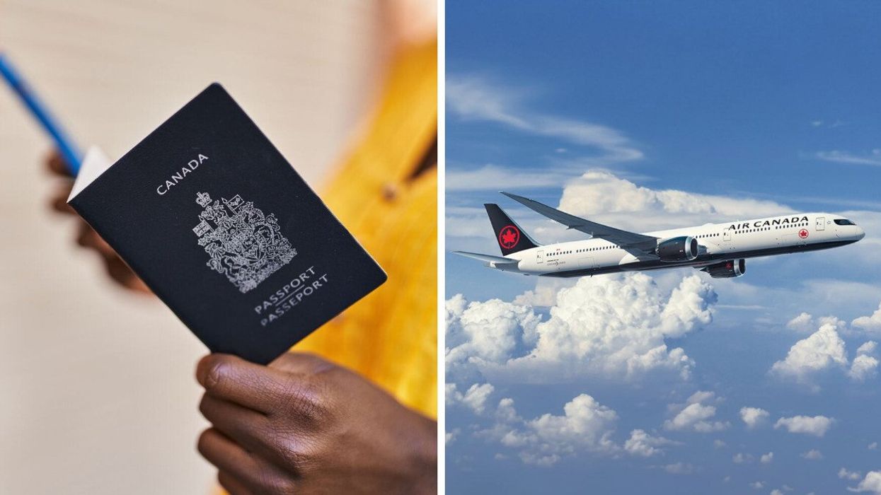 A person holds a Canadian passport. Right: An Air Canada plane is seen in the sky.