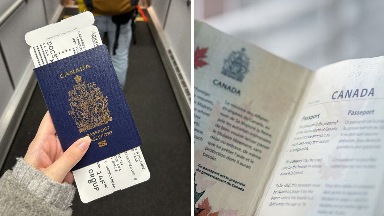 A person holds a Canadian passport. Right: Pages of Canada's passport.