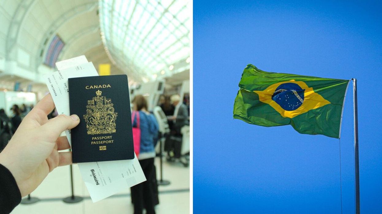 A person holds a Canadian passport. Right: The flag of Brazil.