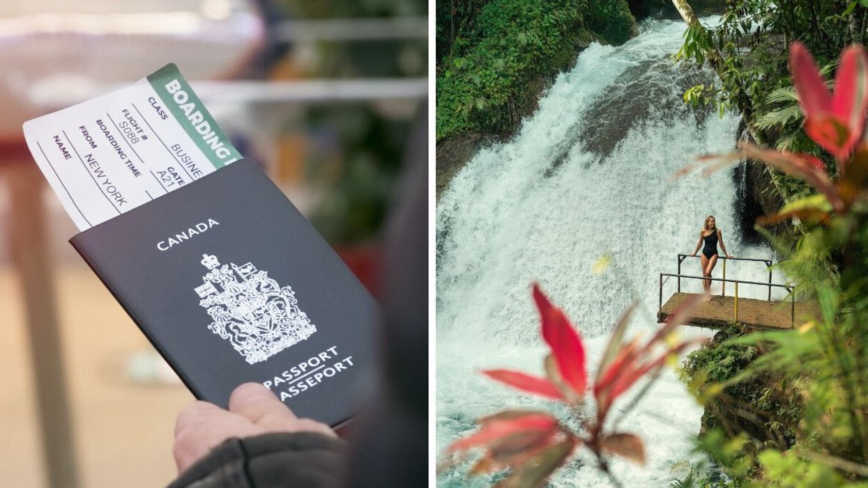 A person holds a Canadian passport with a boarding pass. Right: A person stands on a platform next to a waterfall.