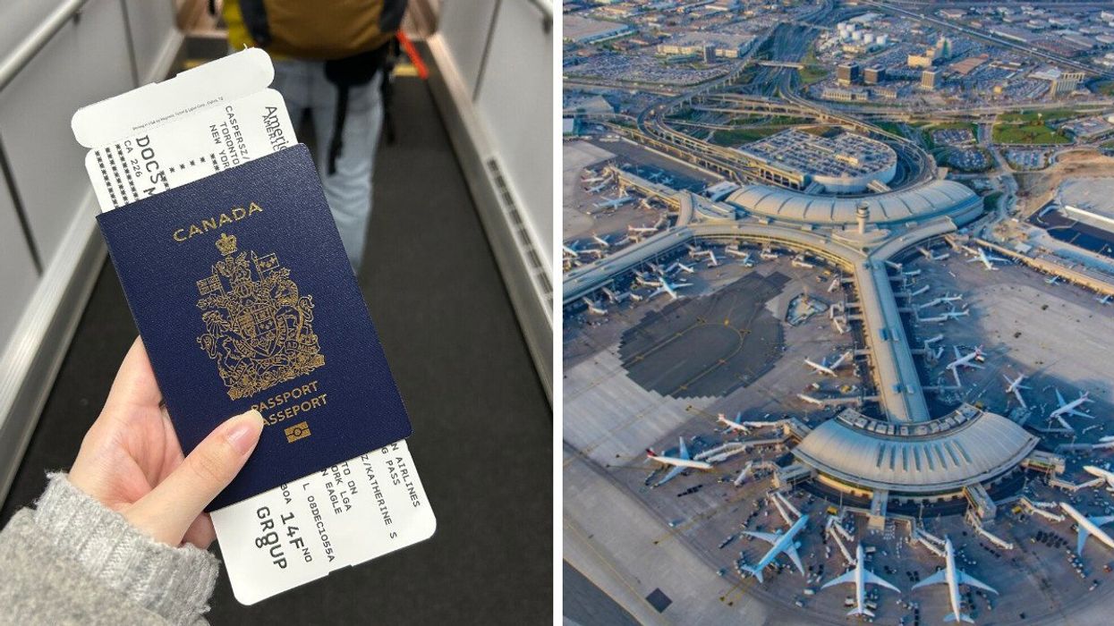 A person holds a Canadian passport with a boarding pass. Right: Planes are seen at Pearson Airport in an aerial shot.