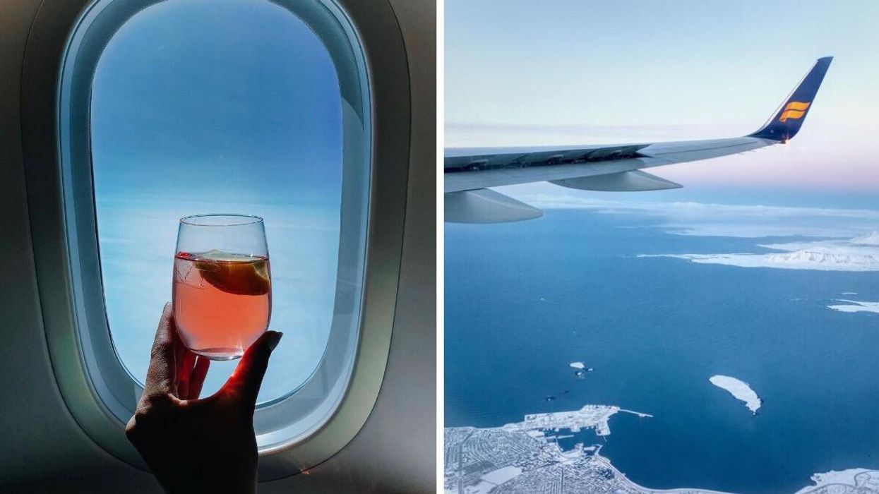 A person holds a drink in front of a plane window. Right: The wing of a plane over Reykjavik, Iceland.