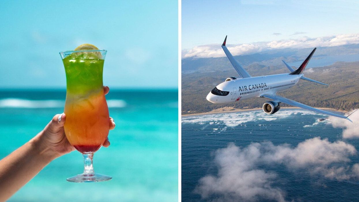 A person holds a drink in front of blue water. Right: An Air Canada plane in the sky.
