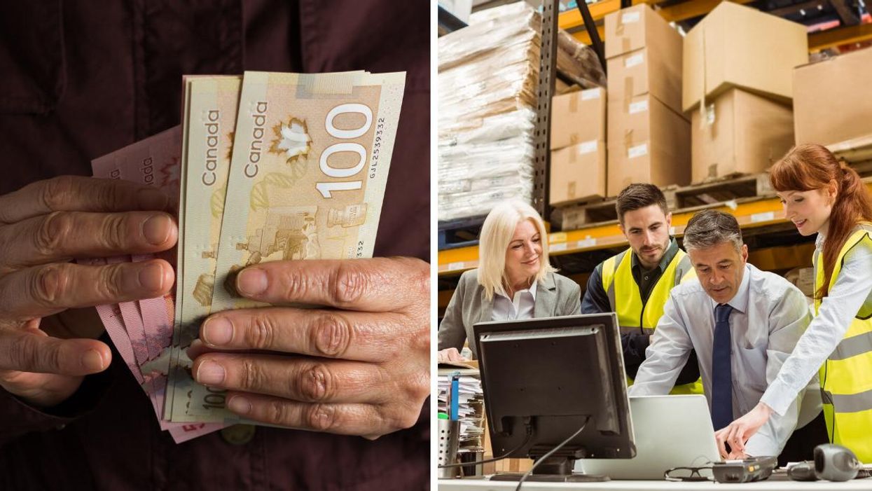 A person holds a handful of Canadian bills. Right: Workers in a warehouse.