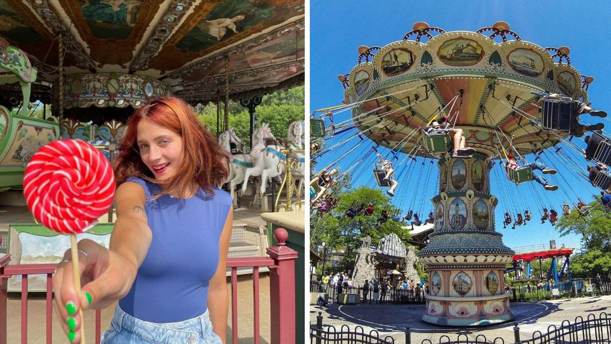 A person holds a lollipop at La Ronde Montreal. Right: The Tour de Ville ride at La Ronde.