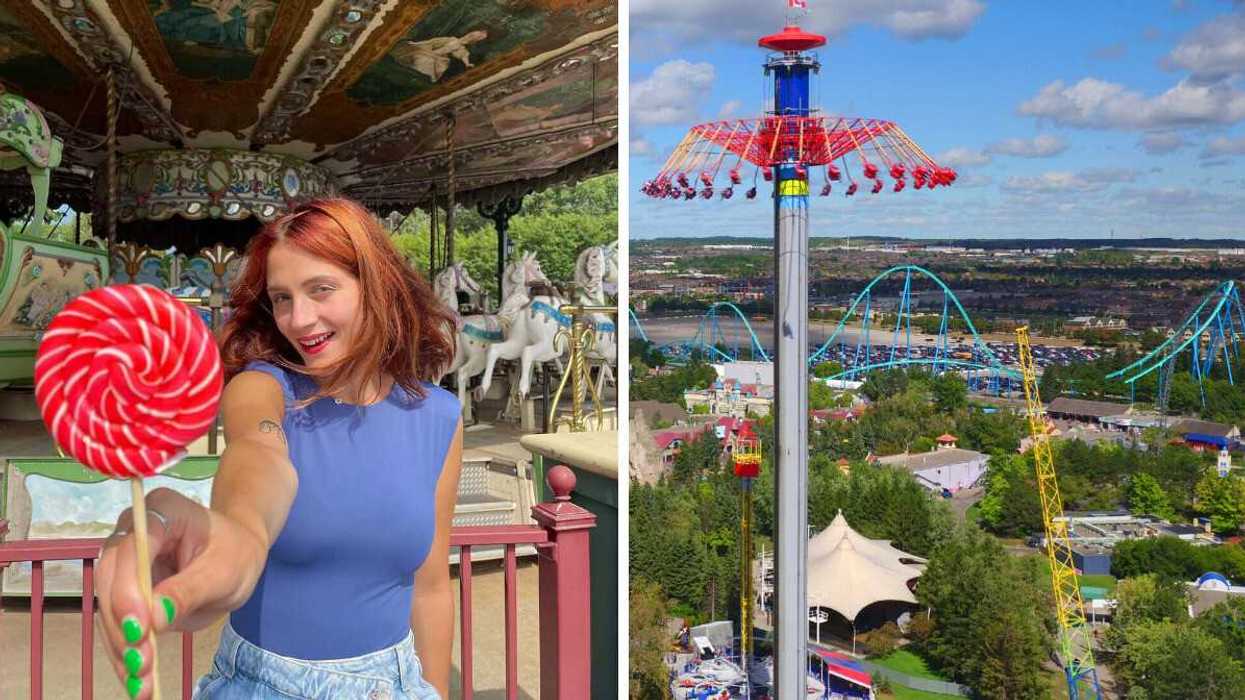 A person holds a lollipop in front of a carousel at a theme park in Canada. Right: An aerial view of rides at a theme park in Canada.