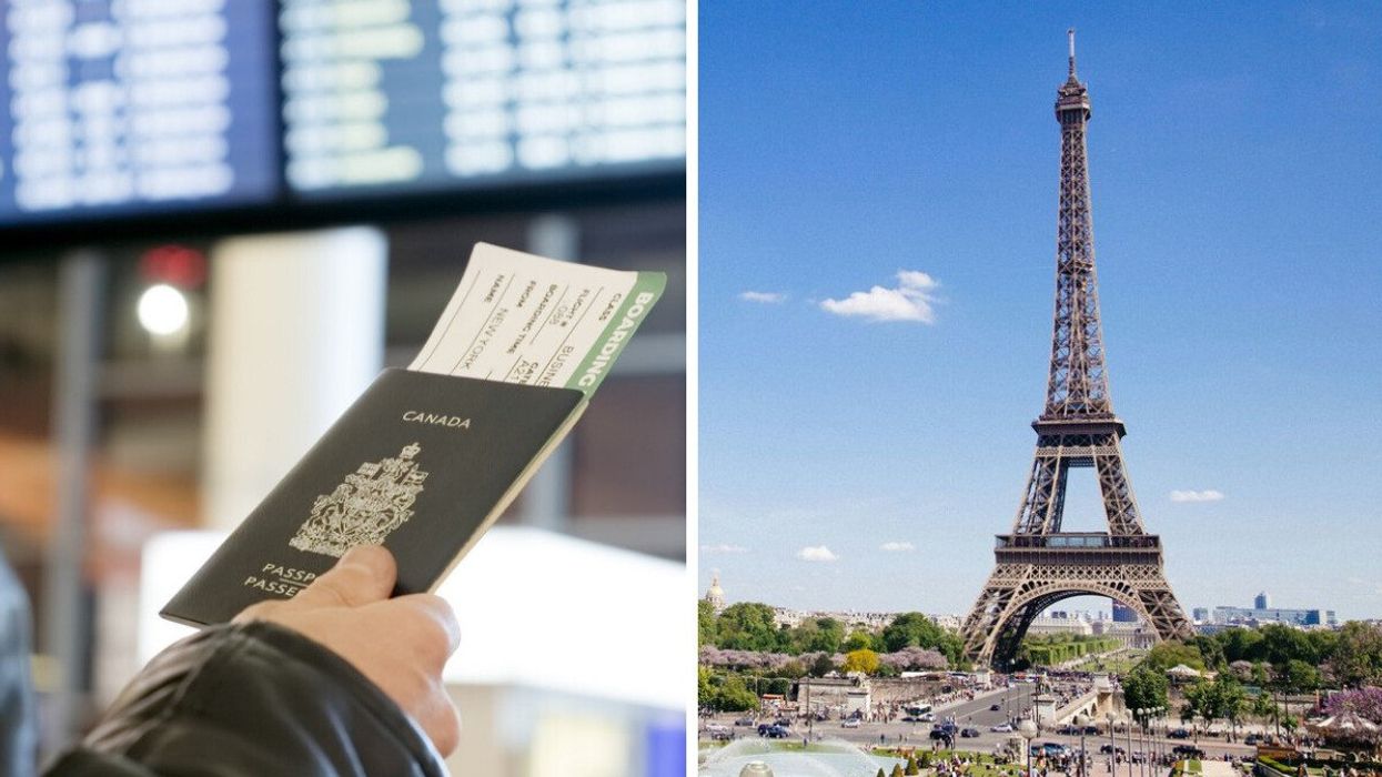 A person holds a passport and boarding pass in an airport. RIght: The Eiffel Tower is seen in Paris.