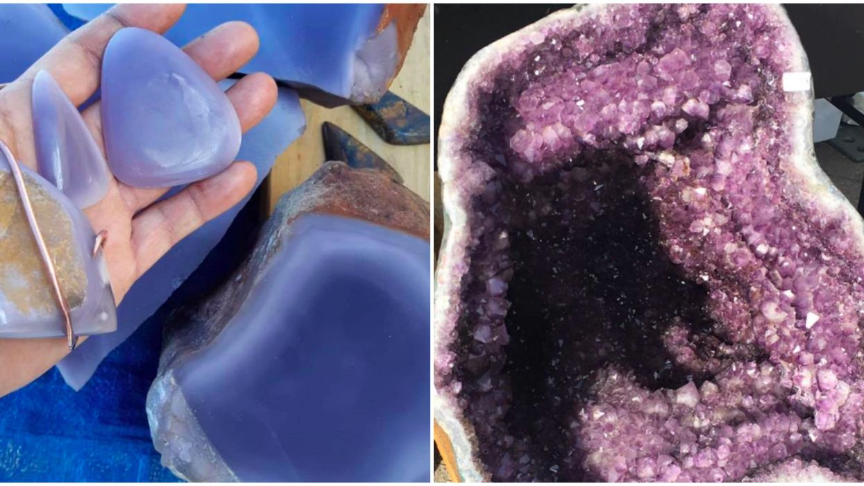 A person holds a precious gemstone from Outpost Gold & Gem Panning. Right: A cracked Amethyst geode.