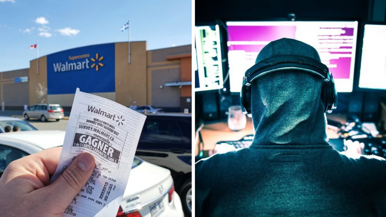 A person holds a receipt outside Walmart. Right: A hacker uses a computer.