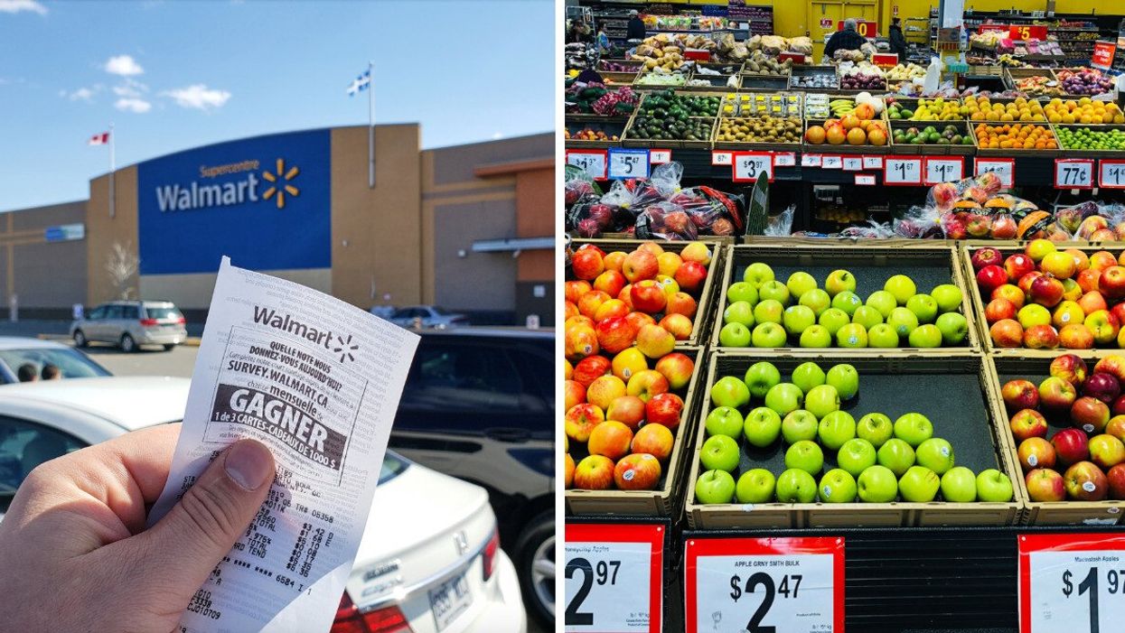 A person holds a receipt outside Walmart. Right: Boxes of fruit in a grocery store.