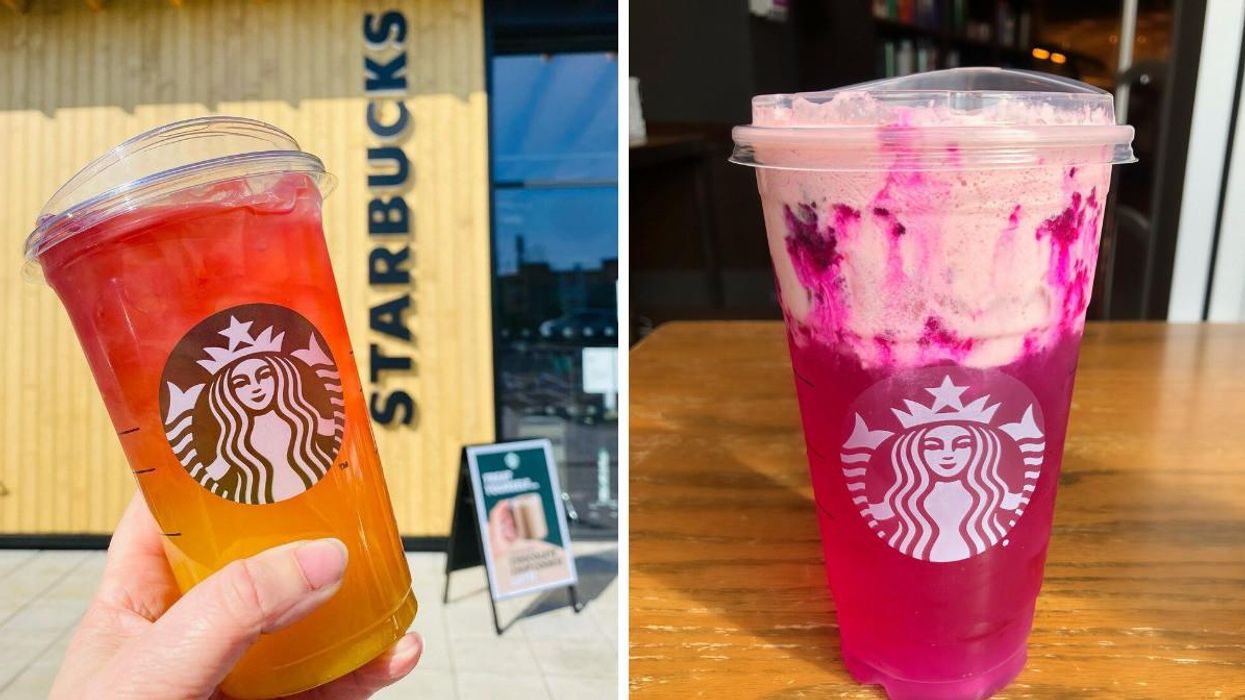 A person holds a Starbucks Sunset Drink. Right: A 'Stranger Things'-inspired Starbucks drink.