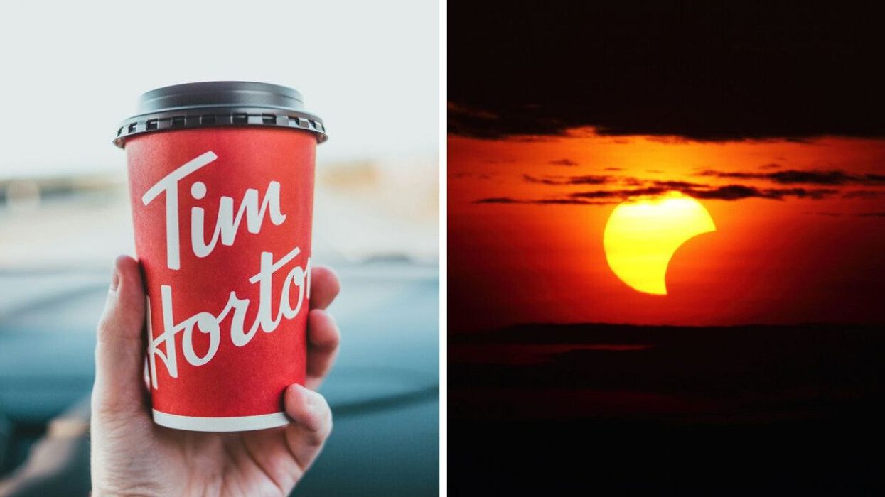 A person holds a Tim Hortons cup. Right: A solar eclipse.