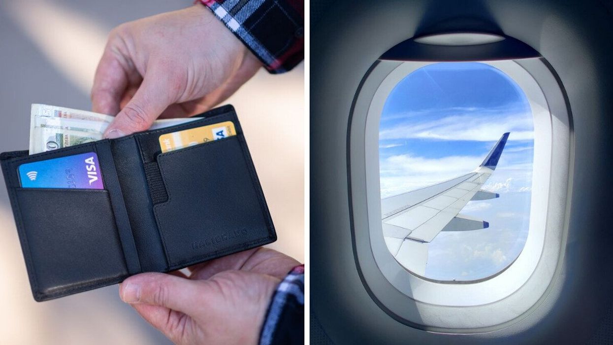 A person holds a wallet with credit cards. Right: The wing of a plane seen from a window.