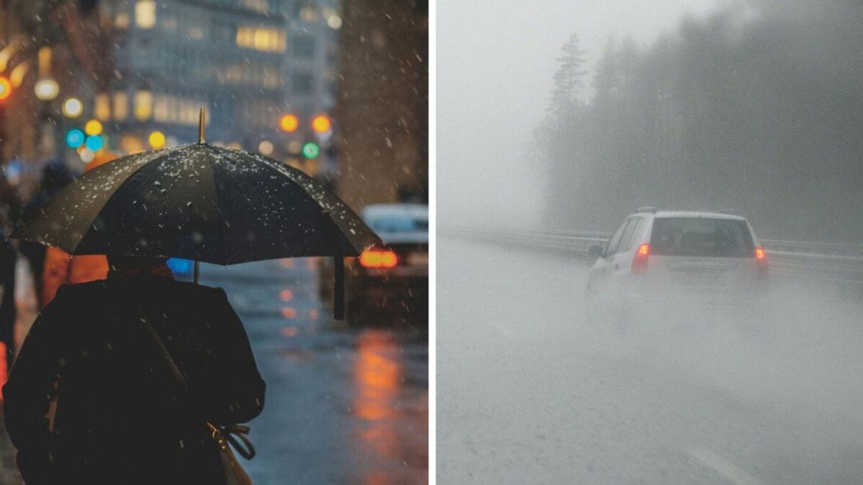 A person holds an umbrella in the rain. Right: A car drives through rain on wet roads.