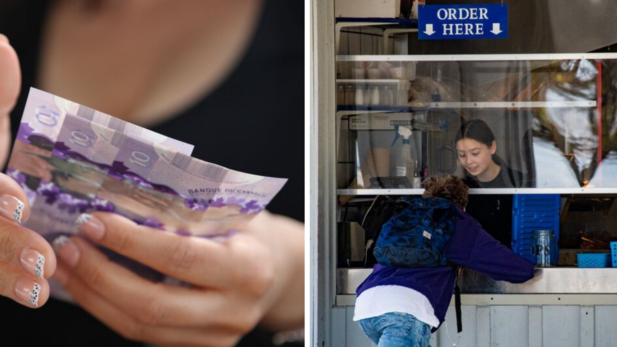 A person holds Canadian currency. Right: A person ordering food.